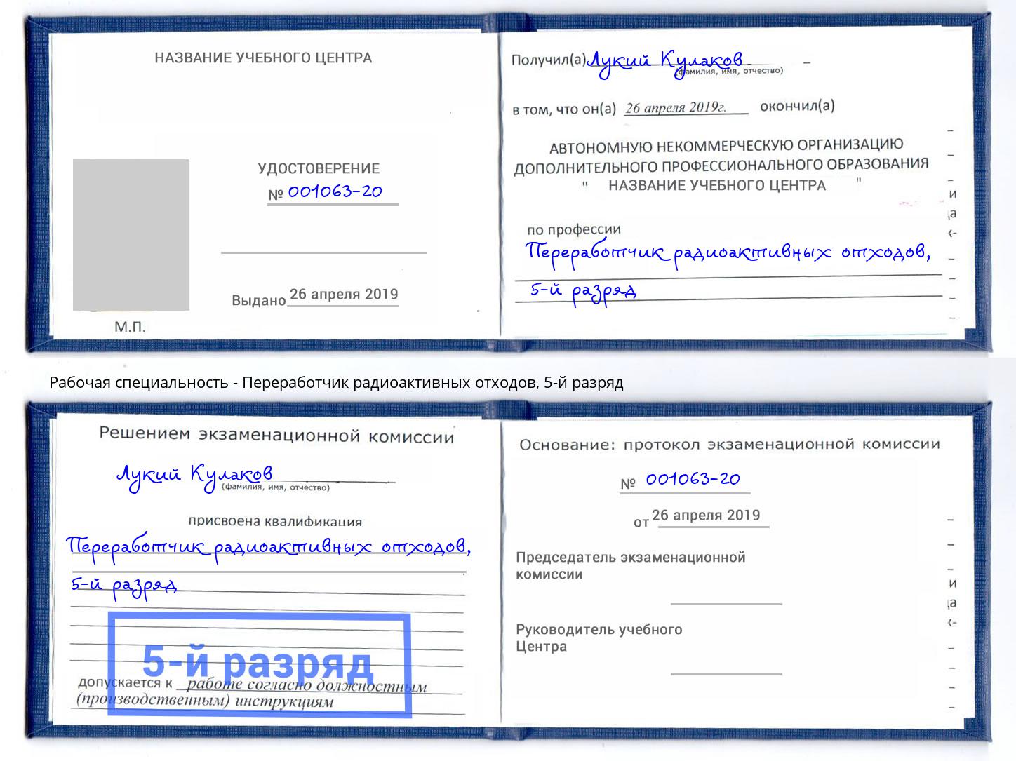 корочка 5-й разряд Переработчик радиоактивных отходов Краснокаменск