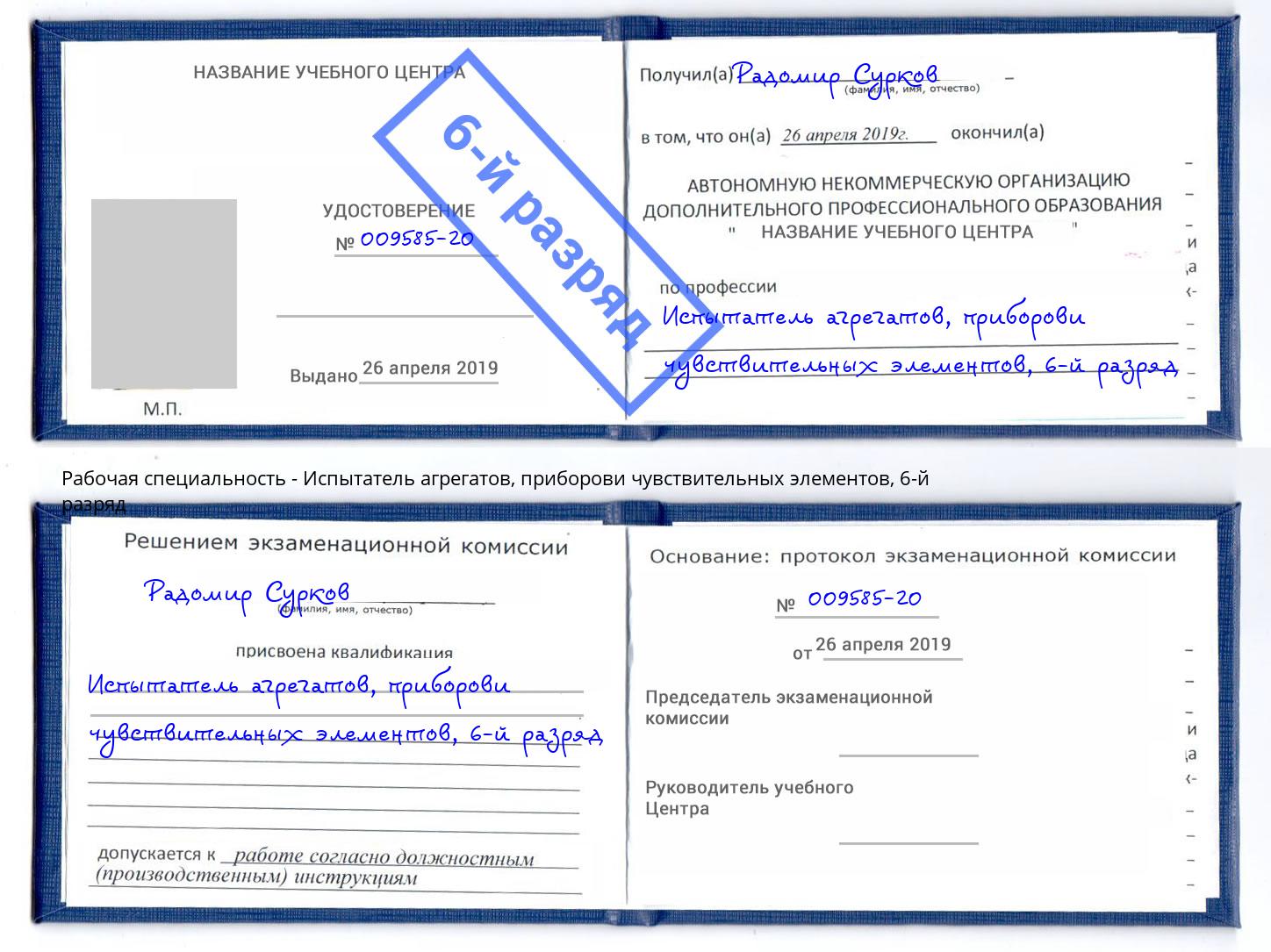 корочка 6-й разряд Испытатель агрегатов, приборови чувствительных элементов Краснокаменск