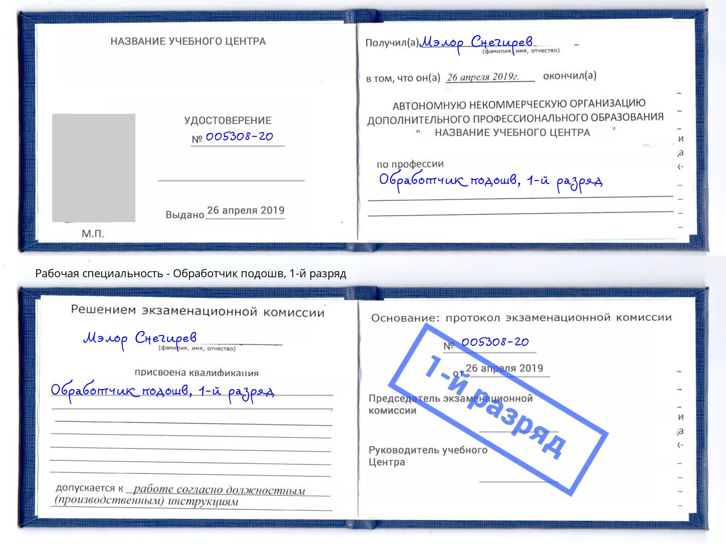 корочка 1-й разряд Обработчик подошв Краснокаменск