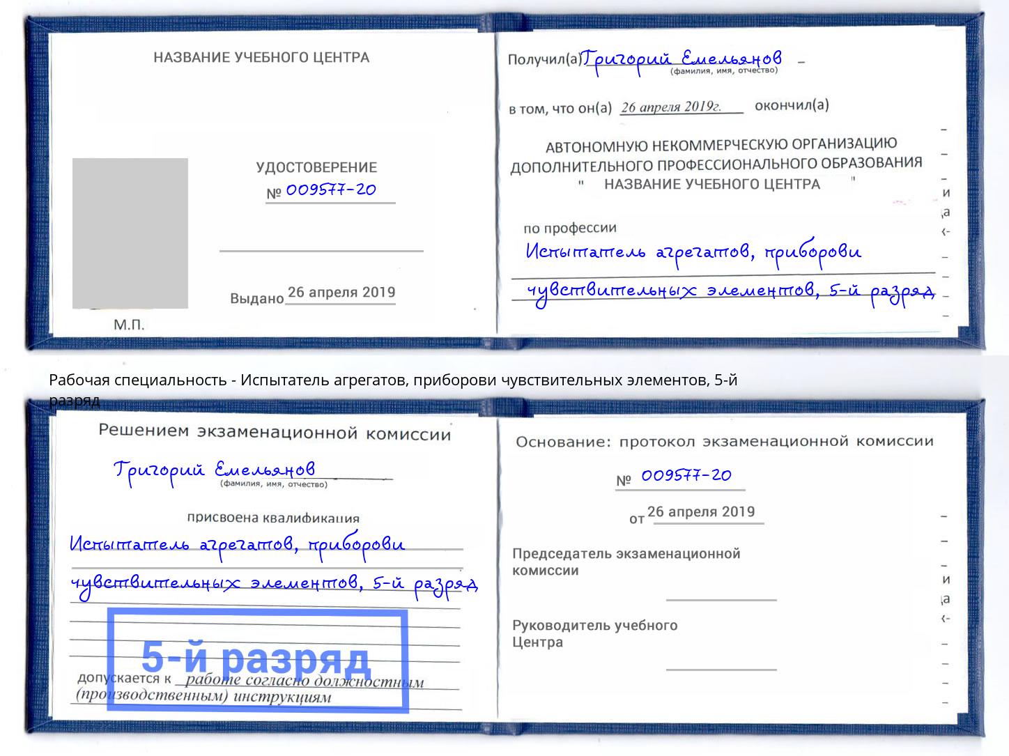 корочка 5-й разряд Испытатель агрегатов, приборови чувствительных элементов Краснокаменск
