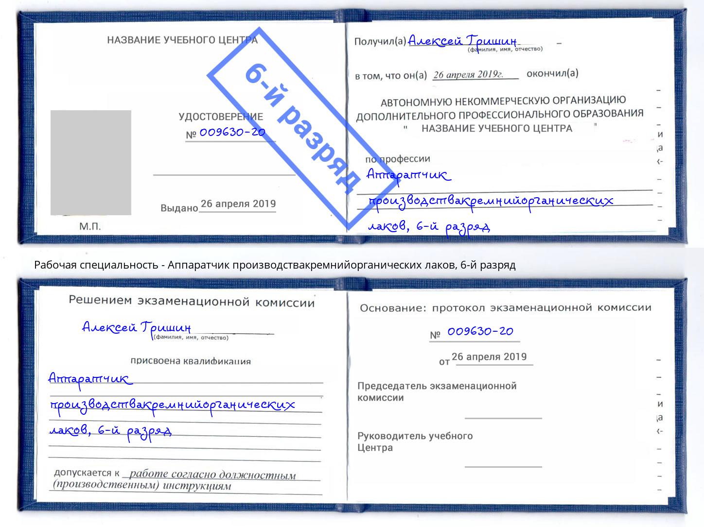 корочка 6-й разряд Аппаратчик производствакремнийорганических лаков Краснокаменск