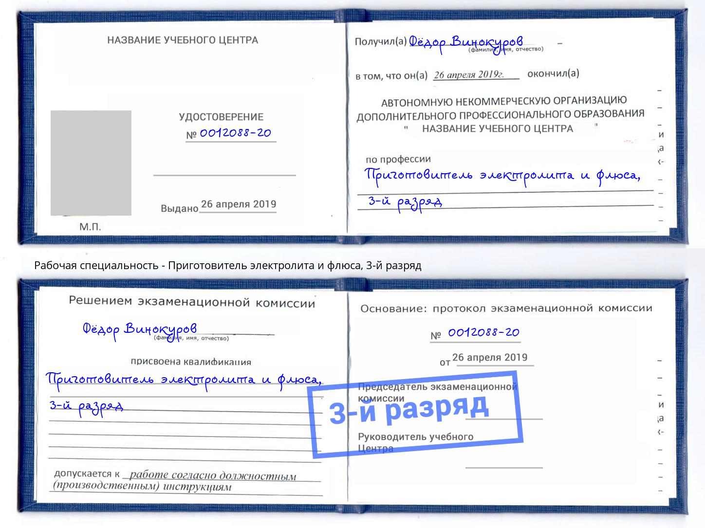 корочка 3-й разряд Приготовитель электролита и флюса Краснокаменск