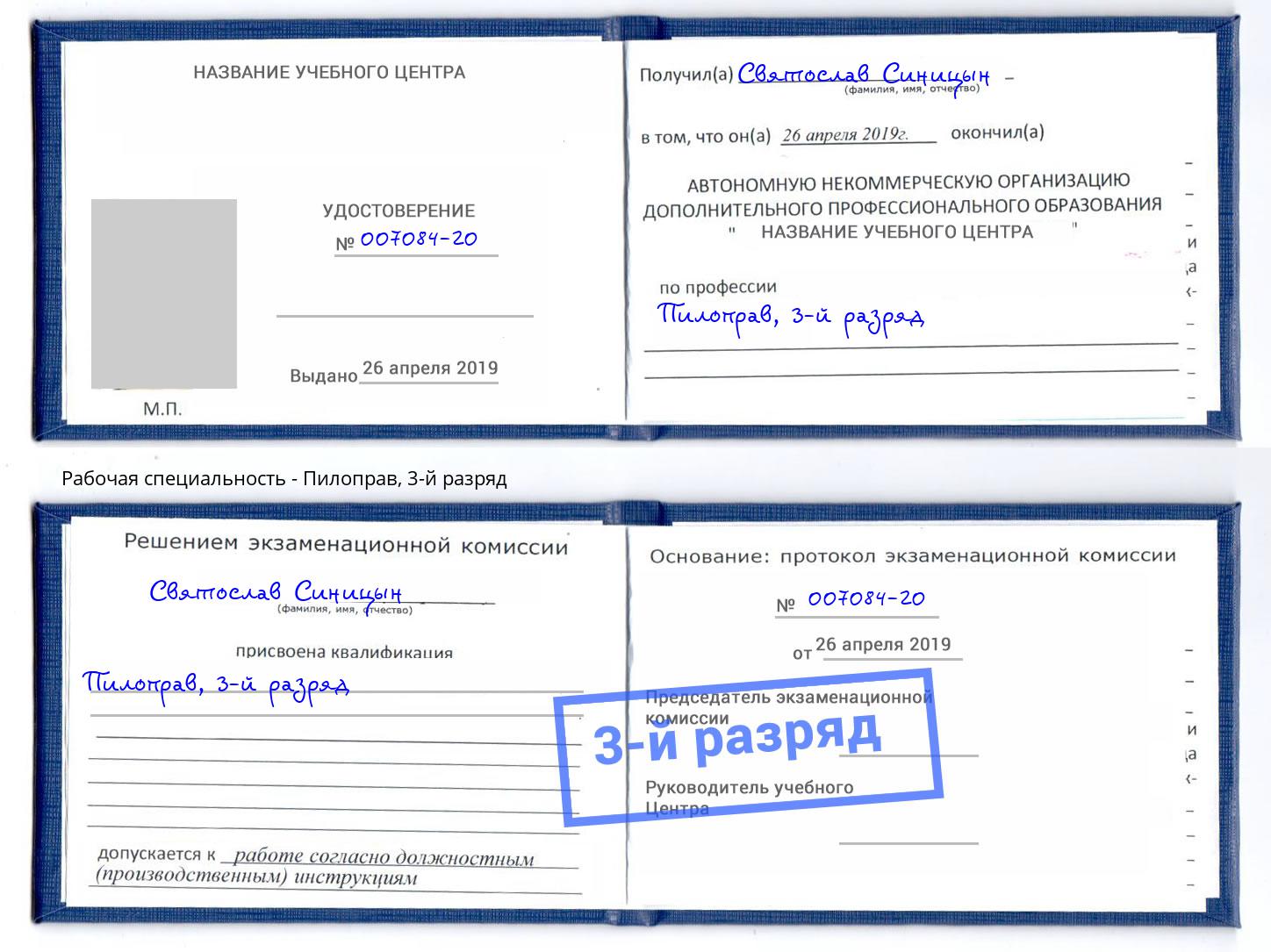 корочка 3-й разряд Пилоправ Краснокаменск