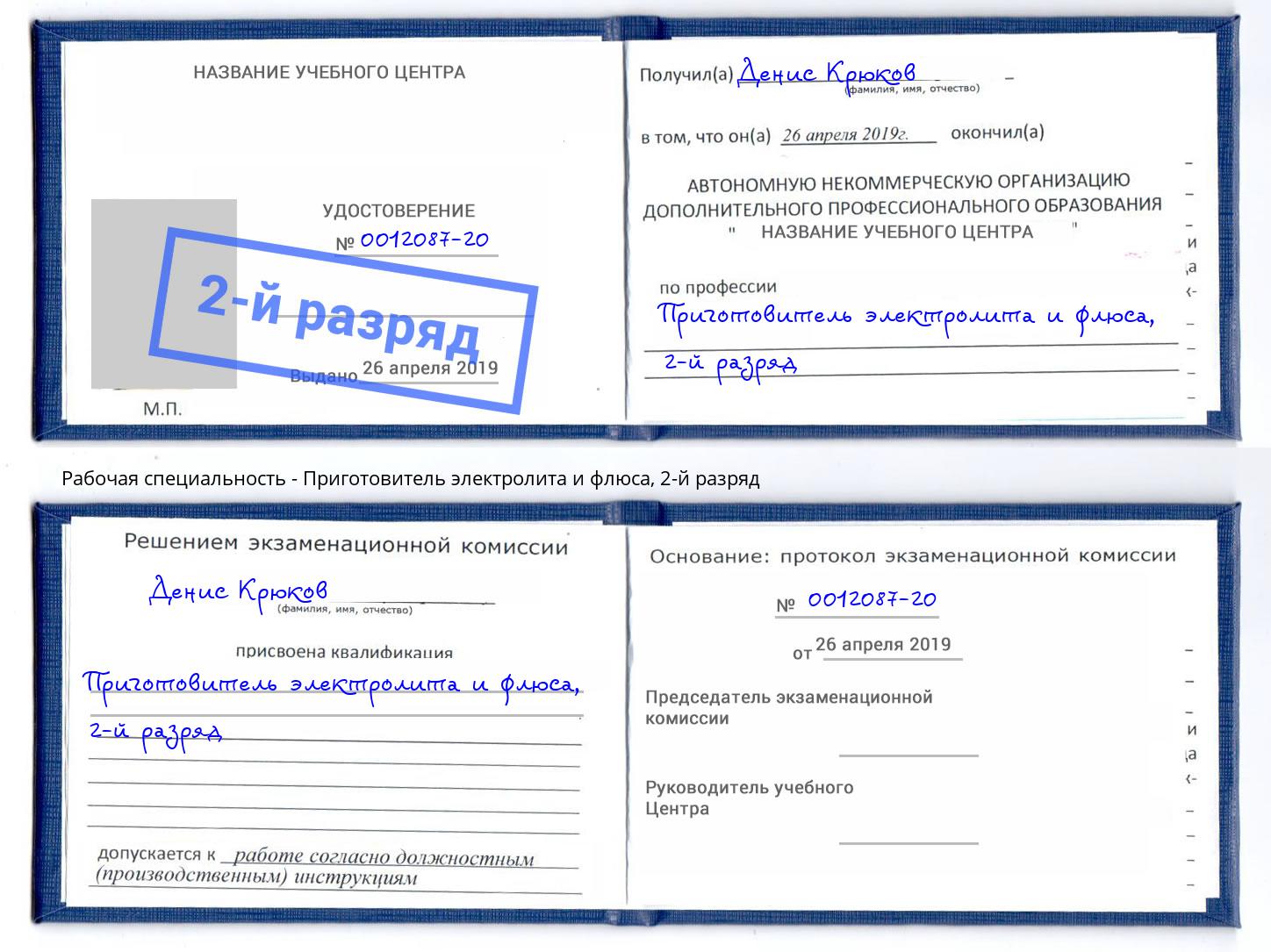 корочка 2-й разряд Приготовитель электролита и флюса Краснокаменск